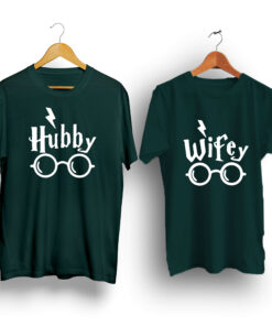 Hubby wife petrol green half sleeve couple t-shirt