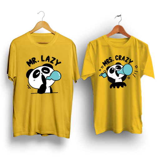 Mr. lazy Mrs. crazy yellow half sleeve couple t-shirt